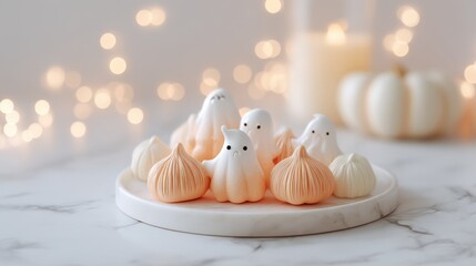 Spooky and Sweet Halloween Treats: Meringue Ghosts and Pumpkin Candies on Marble Surface