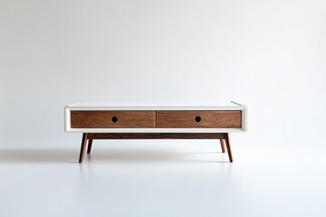 Modern coffee table with two drawers.  White lacquered body, walnut wood inserts. Mid-century style, simple design.  Clean lines.  Empty.  Studio shot