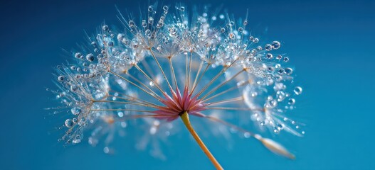 Close up of a Dandelion seed head covered in many tiny water droplets against a vibrant blue background