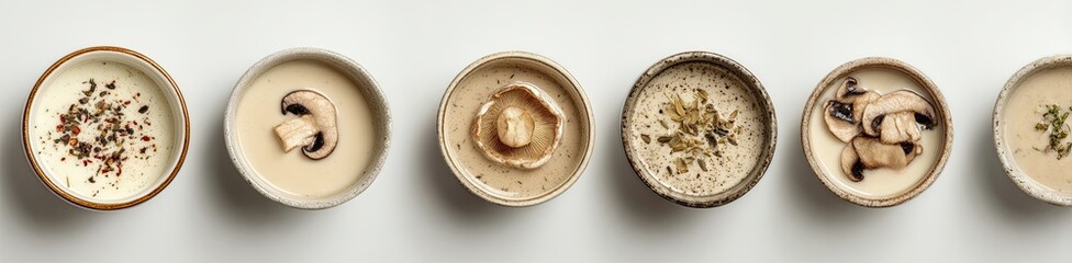 Small, round bowls of creamy mushroom soup, various toppings