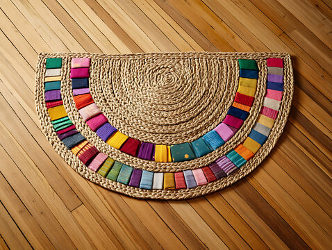 Handcrafted bohemian semicircle clutch with vibrant colorful fabric squares and natural woven jute texture a unique artisanal accessory for fashion-forward individuals