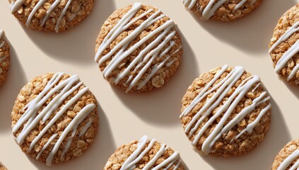 Oatmeal cookies, drizzled with white icing, arranged in a grid pattern on a beige background