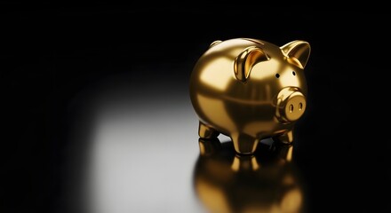 A gleaming golden piggy bank sits on a dark reflective surface, symbolizing wealth and savings.