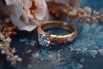 Clear Pixel Picture of a Gold Ring with a Diamond Ring on it Sits Next to a Flower