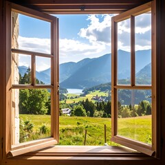 A picturesque view of rolling hills, a tranquil lake, and majestic mountains seen through an open wooden window.