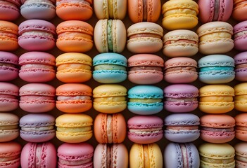 Rows of colorful assorted macarons arranged neatly with smooth creamy filling vibrant pastel tones