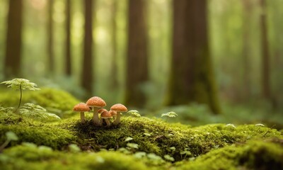 Enchanting forest floor scene with vibrant mushrooms nestled in lush green moss