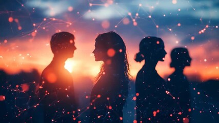 Silhouettes of People at Sunset with Abstract Network Overlay - Powered by Adobe