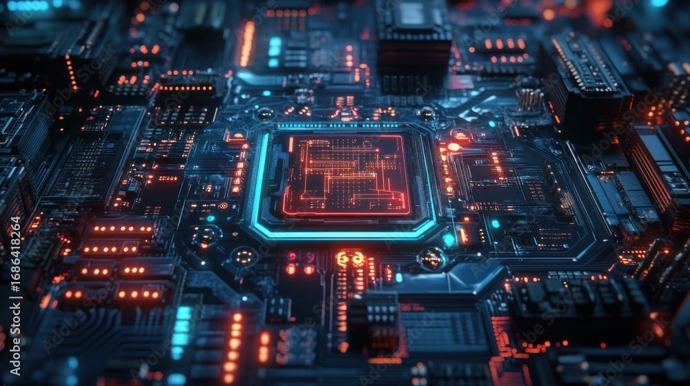 Poster intricate electronic circuit board with glowing central processor and digital lights