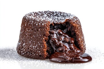 Chocolate lava cake, dusted with powdered sugar, molten center spilling