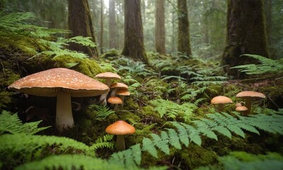 Fototapeta premium Enchanting forest floor reveals vibrant mushrooms nestled amongst lush green ferns and mossy trees