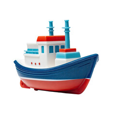 Obraz premium Side view of a stylized toy fishing boat. Brightly colored, simplistic design in red, blue, and white. Features small smokestacks, windows, and a curved hull. 