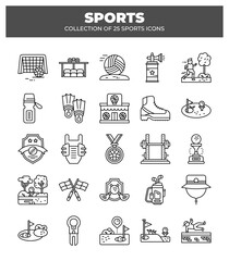 Collection of 25 Sports Icons.  Line Art Graphics for Fitness. Recreation and Competition