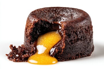 Close-up of a decadent chocolate lava cake.  A portion bitten into reveals a molten, golden-yellow center