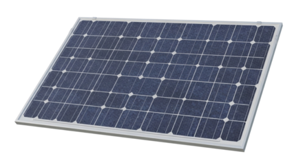 A single solar panel with a grid of photovoltaic cells isolated on transparent background