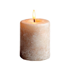 A single, cylindrical, light beige candle with a flickering flame