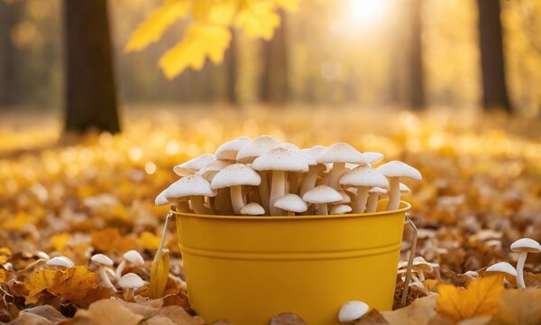 Abundant white mushrooms fill a bright yellow bucket surrounded by vibrant autumn leaves and soft golden light