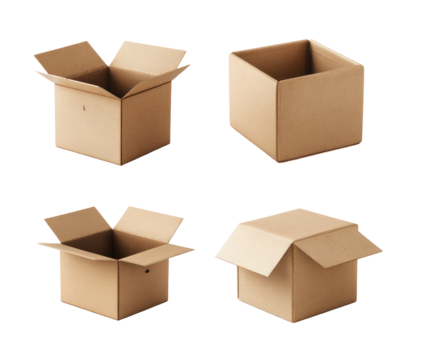 Four cardboard boxes, varying lid positions