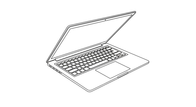 Minimalist line art illustration of an open laptop computer, representing modern technology, work, and digital communication