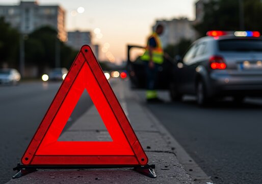 A red reflective warning triangle on a road, signaling a traffic accident or emergency