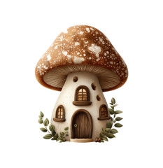 Cute mushroom-shaped house with a whimsical design.  Detailed illustration of a mushroom home with a light beige, cream-colored body and a brown, speckled cap.  