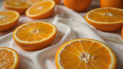 Fresh and juicy orange slices on a white cloth background, perfect for a healthy and refreshing snack