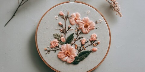 Delicate, hand-embroidered floral hoop art featuring a cluster of pale peach blossoms and foliage on a light gray canvas