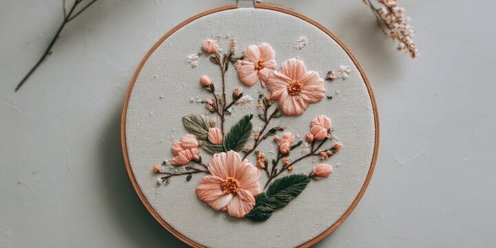 Delicate, hand-embroidered floral hoop art featuring a cluster of pale peach blossoms and foliage on a light gray canvas