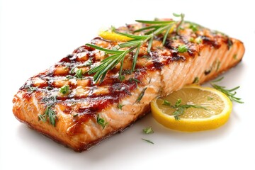 Grilled salmon fillet, garnished with rosemary and lemon