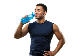 Athletic man drinking water after workout transparent background