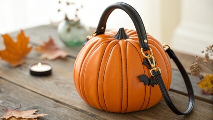 Close Up of Halloween Pumpkin Shaped Handbag with Black Handle and Gold Details
