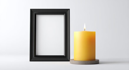 Empty black frame beside a lit yellow candle
