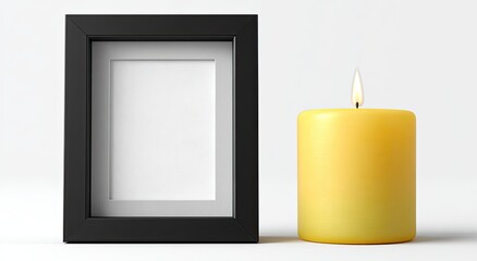 A black picture frame, next to a lit yellow candle, on a plain white background