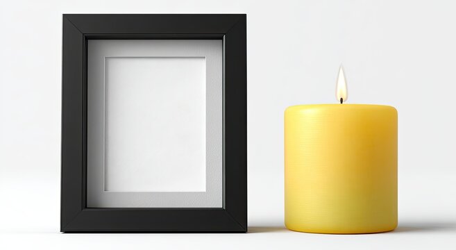 A black picture frame, next to a lit yellow candle, on a plain white background