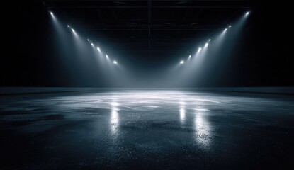 Empty ice rink, spotlights illuminate center
