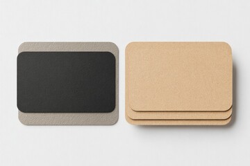 Two stacks of blank business cards, one black, one beige, on a white background