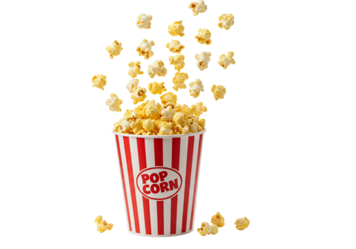 Popcorn bucket with flying pieces food photography transparent background