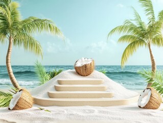 flawless image of square podium summer display pile of white sand coconut tree beach banner design sandy beach background