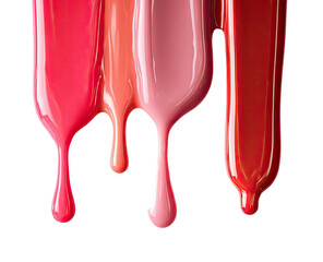Dripping shades of lip gloss.  A close-up of three shades of glossy, dripping cosmetic product.  The colors range from light pink to a deep red