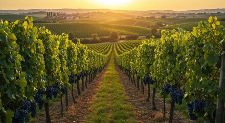 Naklejka premium Rolling vineyard hills under warm sunlight with ripe grapes ready for harvest. Agricultural and rural beauty perfect for wine branding, lifestyle visuals, food campaigns, and eco-tourism projects high