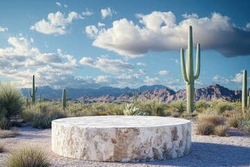 premium quality image of Stone podium on the background of Arizona Desert Cactus Landscapes for Product placement