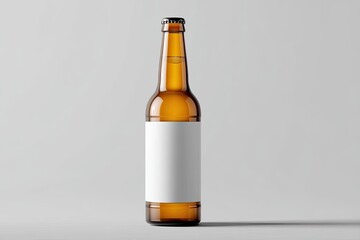 Amber beer bottle with blank label on plain background