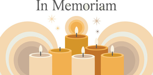 In Memoriam Text Above Lit Candles With Neutral Toned Rainbow Design Background