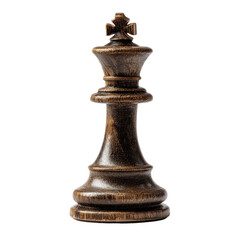 Dark brown wooden chess king, isolated on black background.  Detailed carvings and a tall, crowned figure