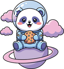 Kawaii Panda Astronaut Eating Cookie on Ringed Planet Illustration

