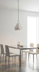 Modern Minimalist Dining Room Interior with Glass Table, White Chairs, and Geometric Pendant Light, bathed in Natural Light.