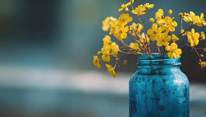 A close-up of small, bright yellow flowers in a vintage blue glass jar. Soft focus background