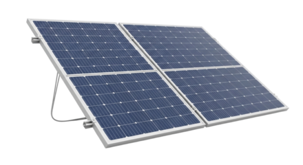 Two solar panels mounted on a stand for generating clean renewable energy isolated on transparent background