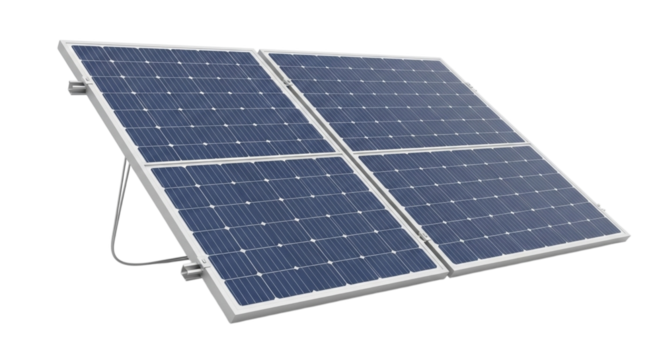 Two solar panels mounted on a stand for generating clean renewable energy isolated on transparent background