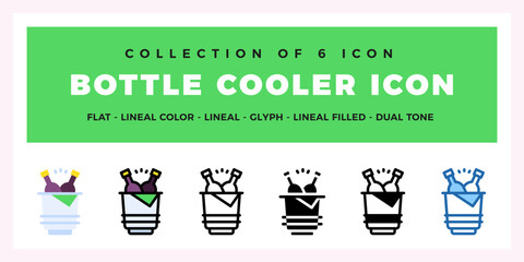 Collection of 6 Bottle Cooler Icons. Flat. Lineal. Glyph Styles